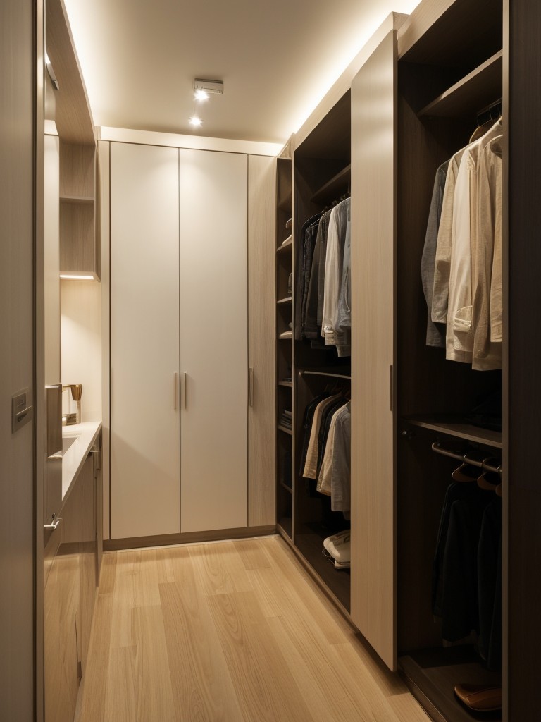 Utilizing creative lighting fixtures, such as LED strips or pendant lights, to add ambiance and enhance the overall aesthetic of the walk-in wardrobe in a small apartment.