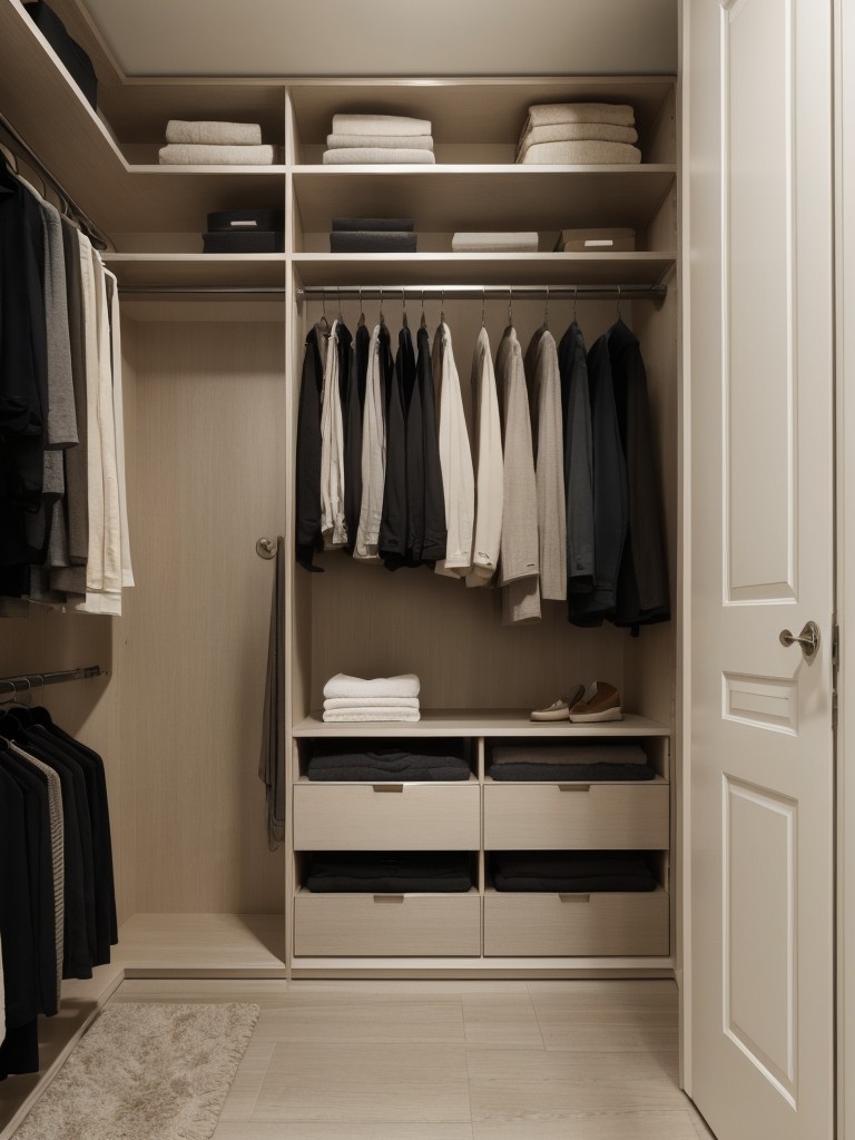 Utilizing a neutral color palette with contrasting textures to add visual interest and create an elegant atmosphere in the walk-in wardrobe of a small apartment.
