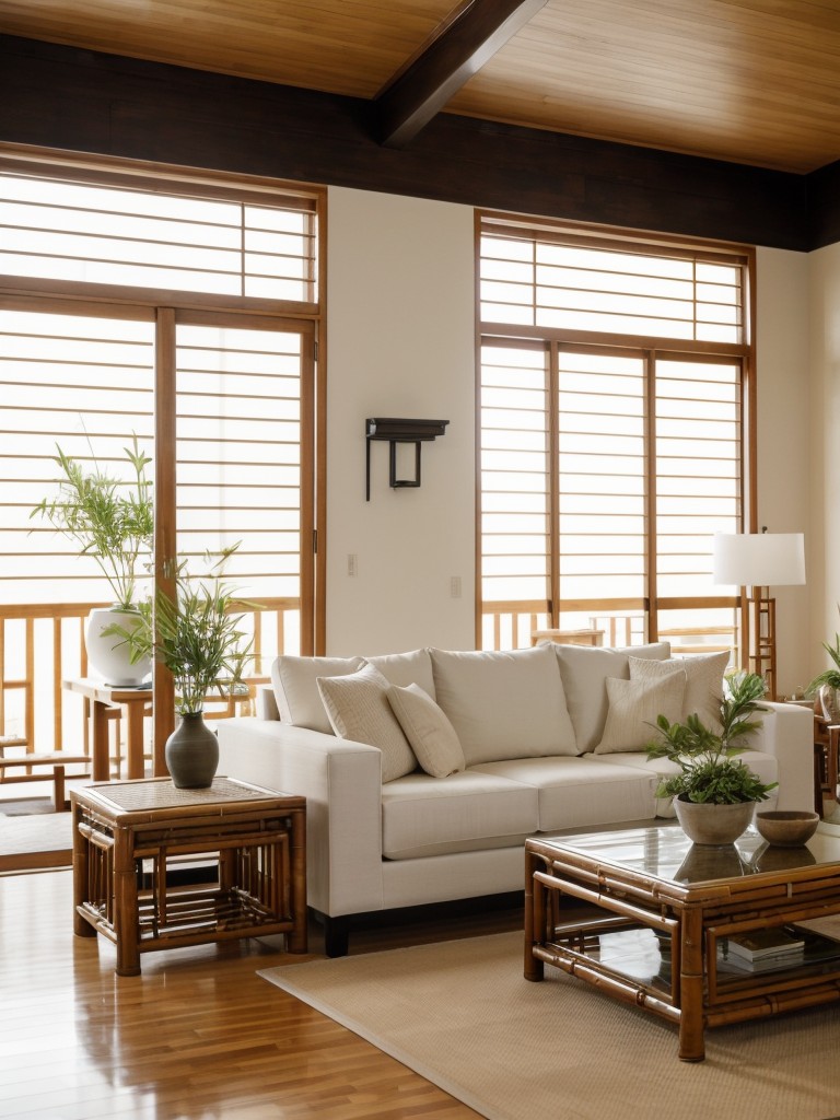 Asian-inspired living room with white furniture, bamboo accents, and serene neutral tones for a Zen-like ambiance.