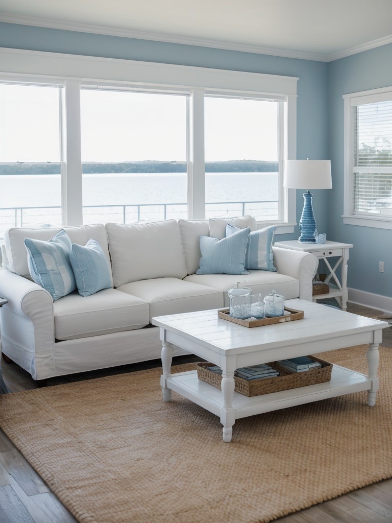Coastal-themed living room with white furniture, nautical accents, and a hint of blue for a serene atmosphere.