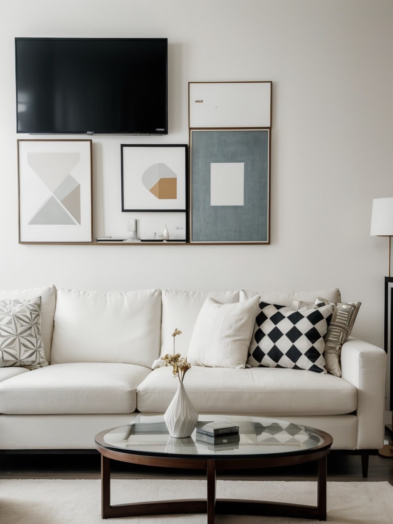 Contemporary living room with white furniture, abstract artwork, and geometric patterns for a sleek and sophisticated vibe.