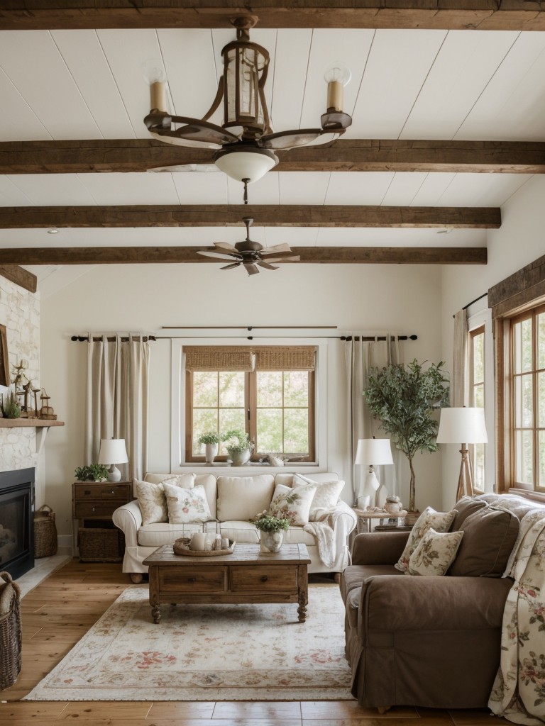 Country-inspired living room with white furniture, floral prints, and rustic elements for a cozy and charming ambiance.