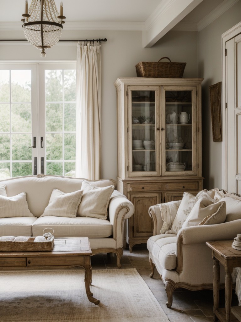 French country living room with white furniture, toile prints, and rustic antiques for a charming and romantic space.