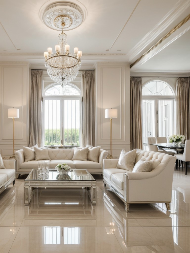 Glamorous living room with white furniture, mirrored surfaces, and metallic accents for a touch of luxury and elegance.