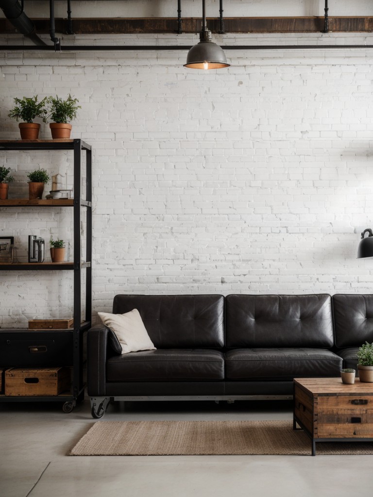 Industrial-style living room with white furniture, exposed brick walls, and metal accents for a modern, urban look.