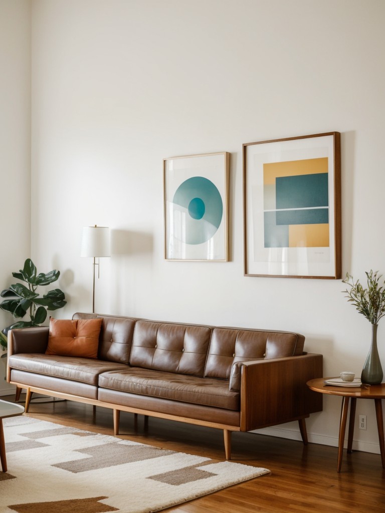 Mid-century modern living room with white furniture, retro prints, and iconic design pieces for a timeless appeal.