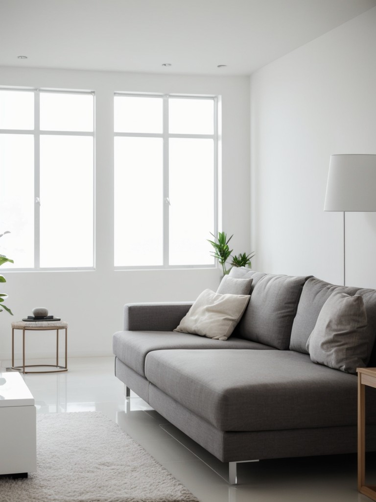 Minimalist living room with white furniture, clean lines, and strategic lighting for a calm and clutter-free space.