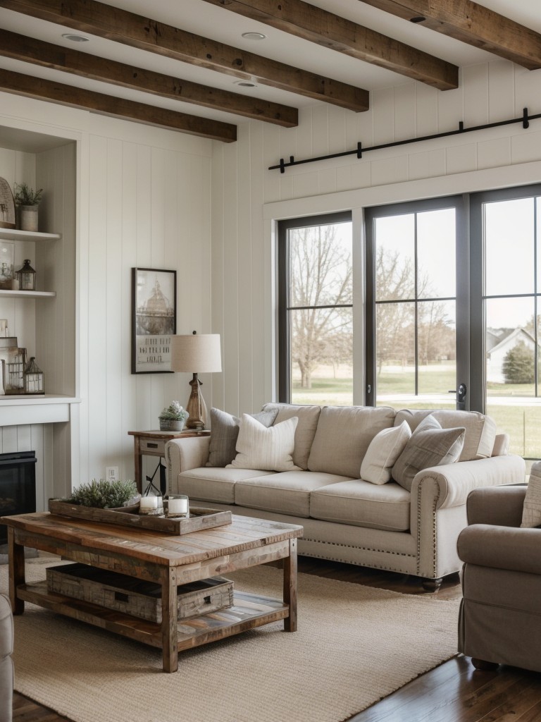Modern farmhouse living room with white furniture, reclaimed wood elements, and cozy farmhouse accents for a cozy and inviting atmosphere.