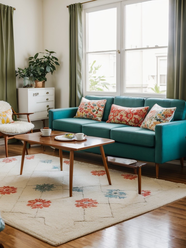Retro-inspired living room with white furniture, vintage prints, and bold color combinations for a fun and nostalgic vibe.