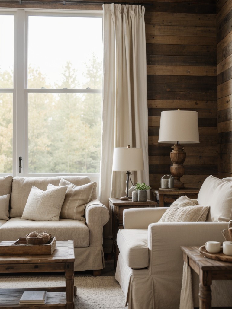 Rustic chic living room with white furniture, weathered wood accents, and cozy textiles for a warm and inviting atmosphere.