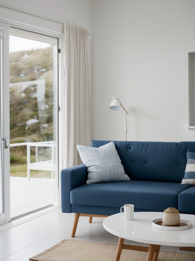 Scandinavian beach house living room with white furniture, natural textures, and hints of blue for a tranquil and breezy atmosphere.