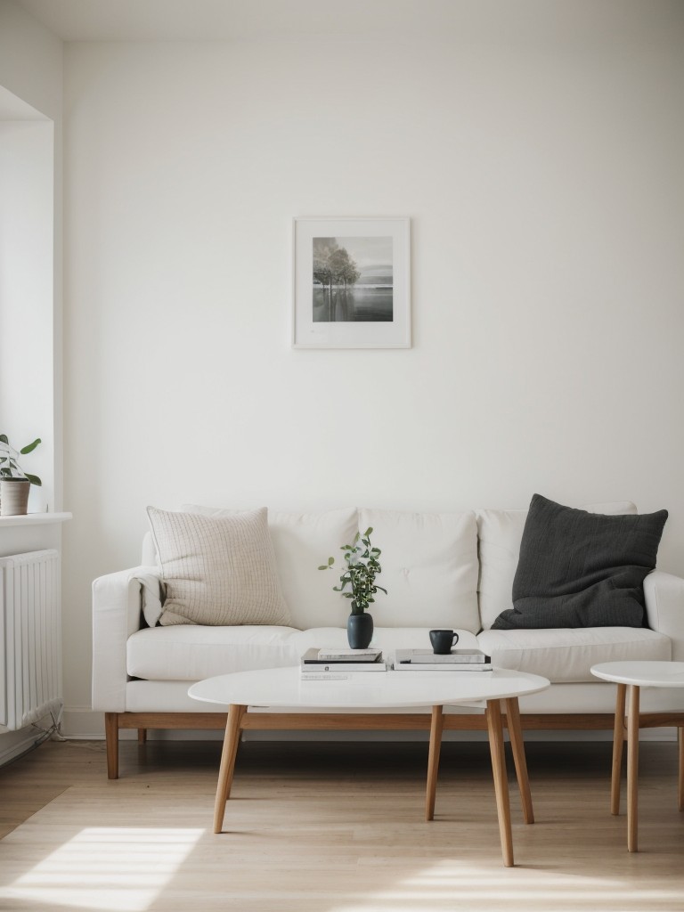 Scandinavian-inspired living room with white furniture, minimalist decor, and natural light.