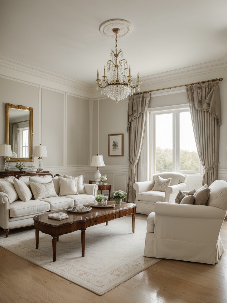 Traditional living room with white furniture, classic patterns, and elegant details for a refined and timeless aesthetic.