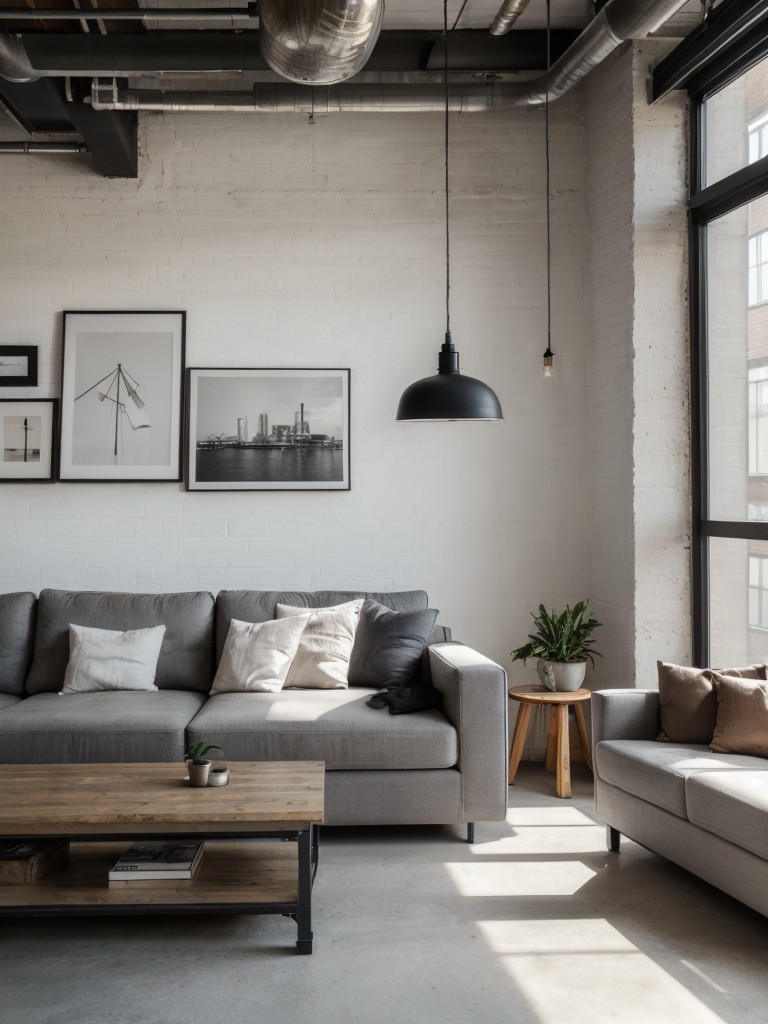 Urban loft-style living room with white furniture, exposed concrete walls, and industrial lighting for a trendy and edgy look.