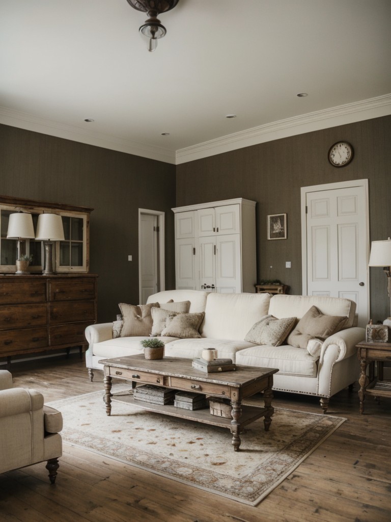 Vintage-inspired living room with white furniture, antique accessories, and distressed finishes for a nostalgic feel.