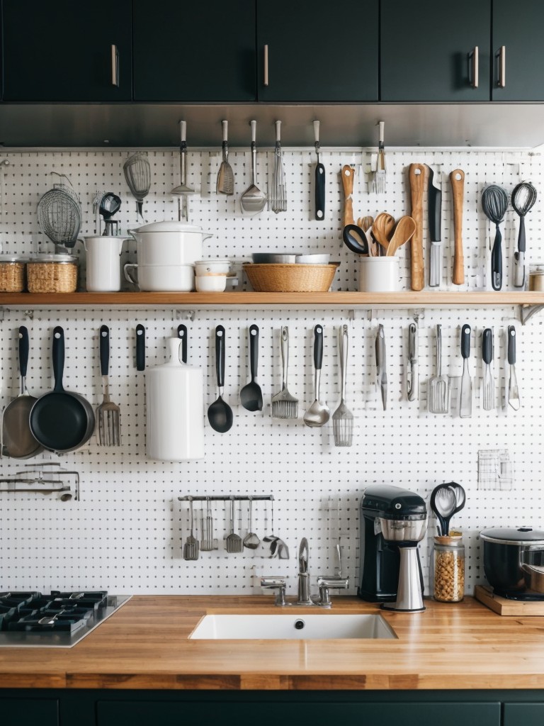 Implement a pegboard or magnetic wall to hang kitchen utensils or tools.