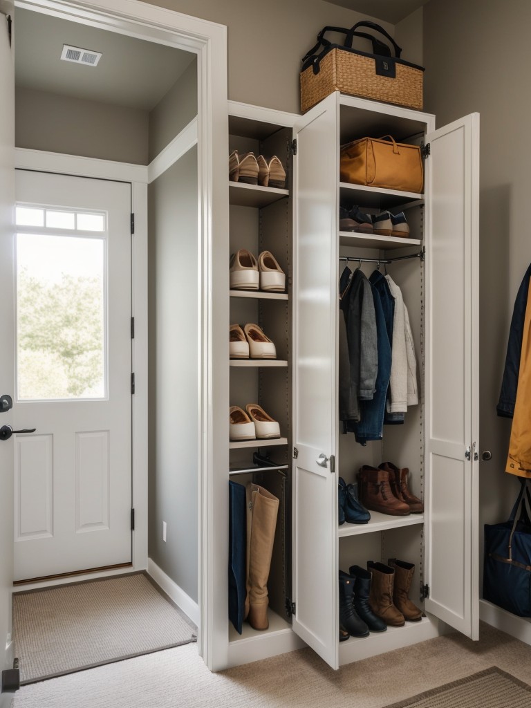 Install a modular storage system in the entryway to keep shoes, jackets, and bags organized.