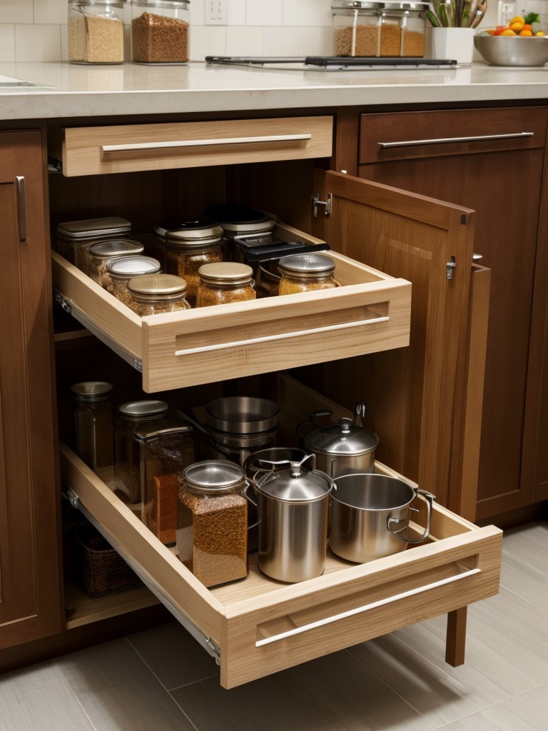 Maximize kitchen cabinet space with pull-out shelves and organizers for pots, pans, and spices.