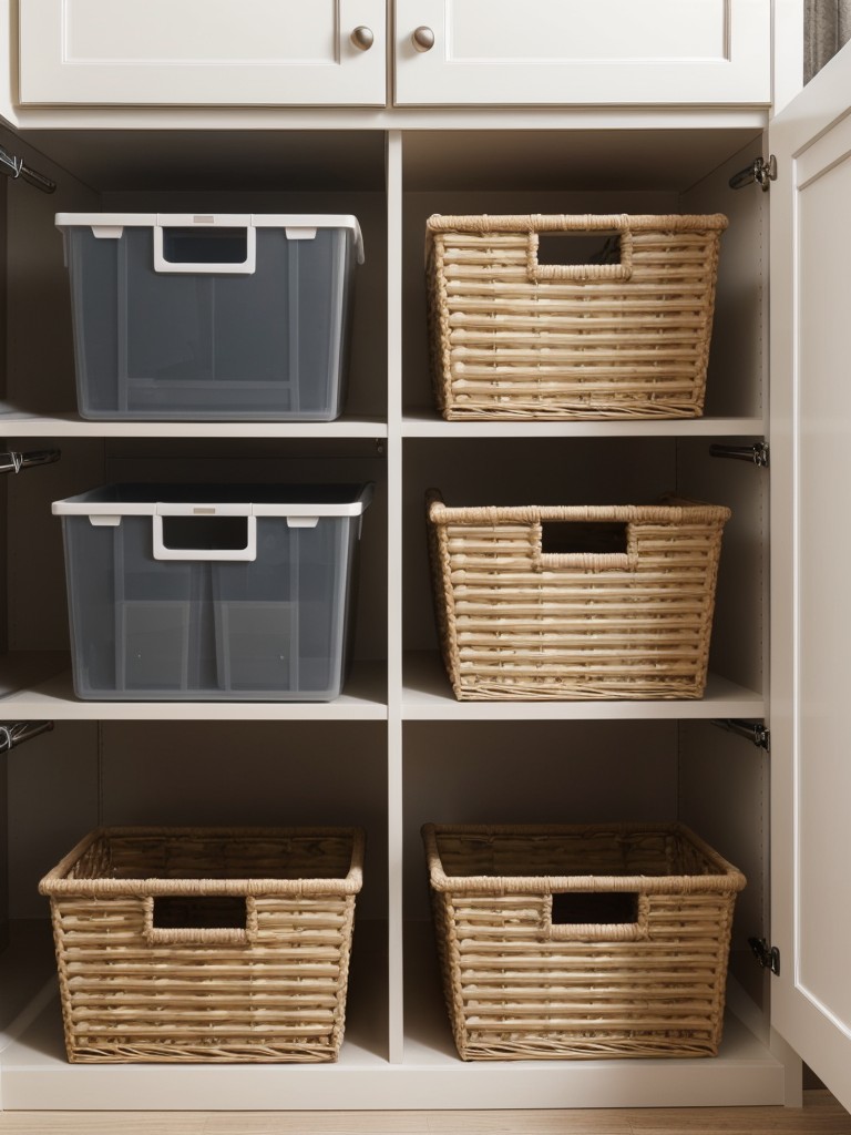 Use stackable storage bins or baskets to optimize space in closets or cabinets.