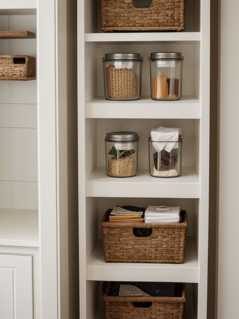 Utilize vertical space with wall-mounted shelves and hanging organizers to maximize storage.