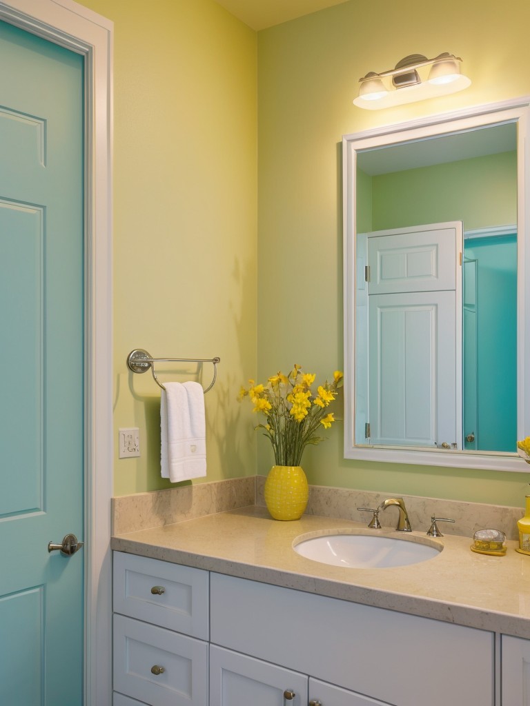 Brighten up your bathroom with cheerful accent colors, such as yellow or aqua, to create a lively and cheerful ambiance.