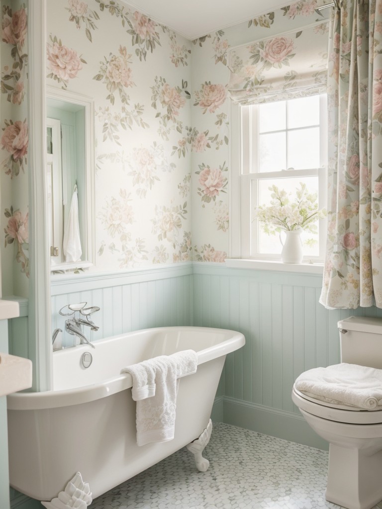 Create a charming atmosphere with soft pastel colors and floral patterns in your bathroom decor.