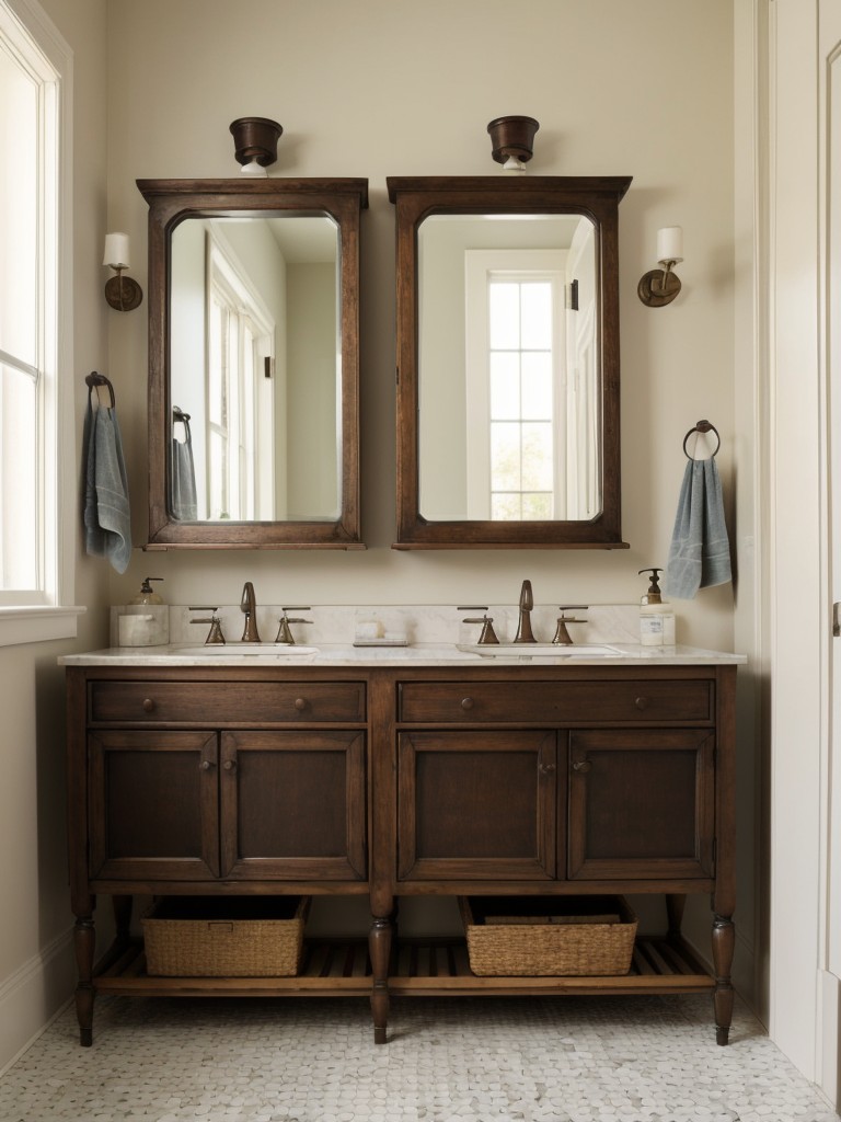 Incorporate vintage touches like antique mirrors or retro-inspired shelving units to add character to your bathroom.