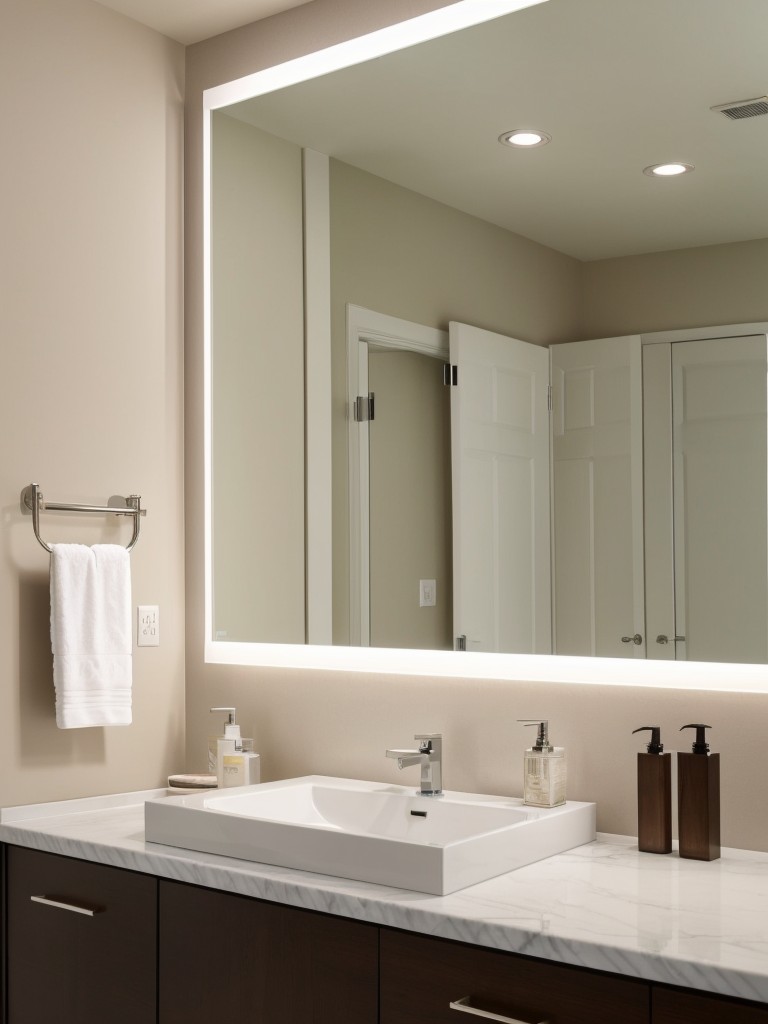 Install a chic vanity mirror with built-in lights to add a stylish and practical touch to your bathroom.