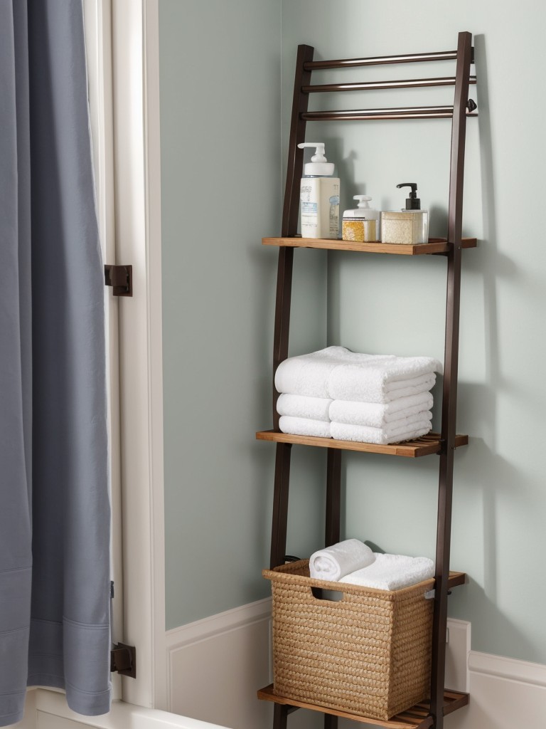 Install a space-saving, wall-mounted towel rack or ladder shelf to maximize storage in your bathroom.