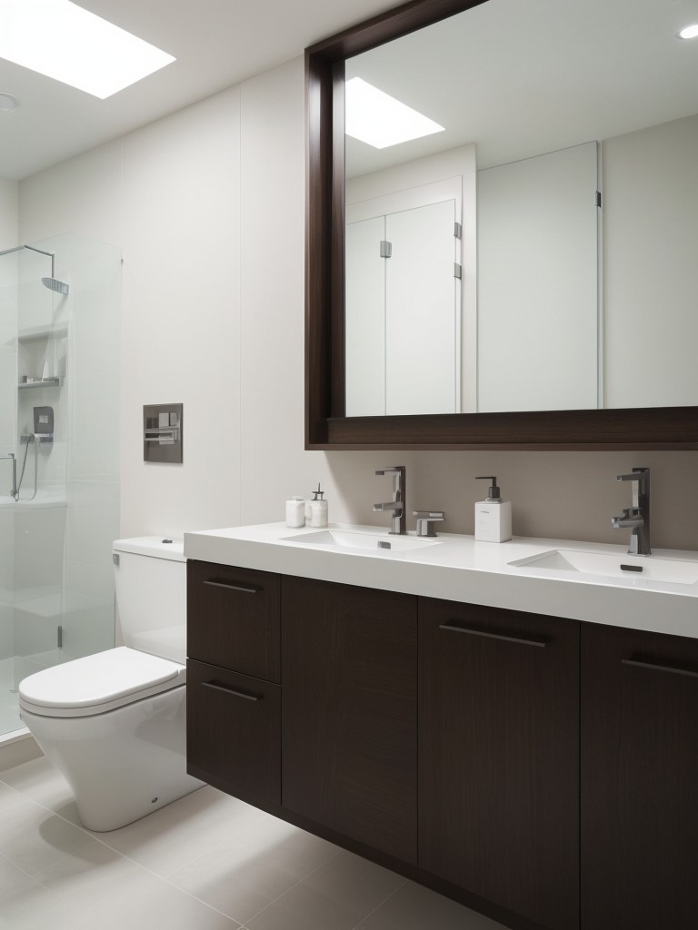 Opt for a minimalist design with clean lines and simple decor to create a visually spacious and clutter-free bathroom.