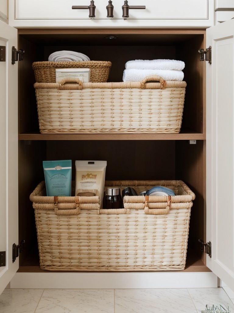 Utilize decorative woven baskets or stylish storage bins to keep toiletries organized and hidden from view.