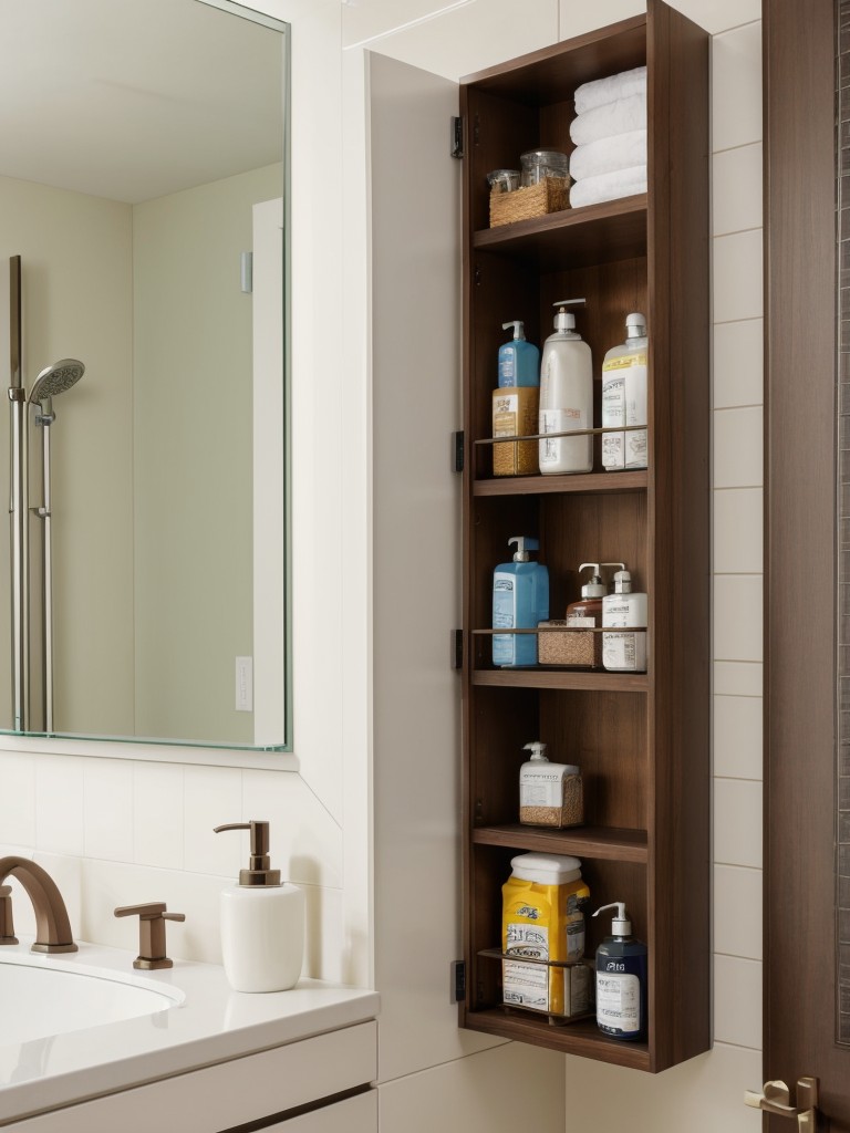 Utilize vertical space by installing floating shelves or wall-mounted cabinets for additional storage in your bathroom.