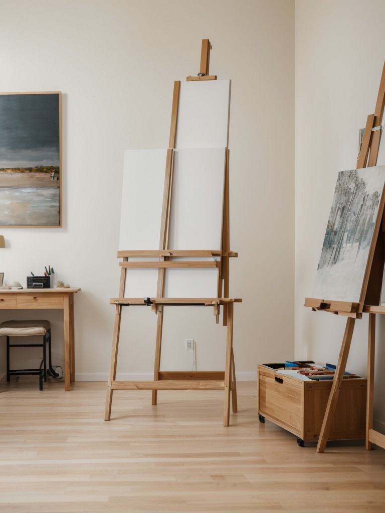 Art studio with a spacious work area, adjustable easel, and plenty of storage for art supplies.