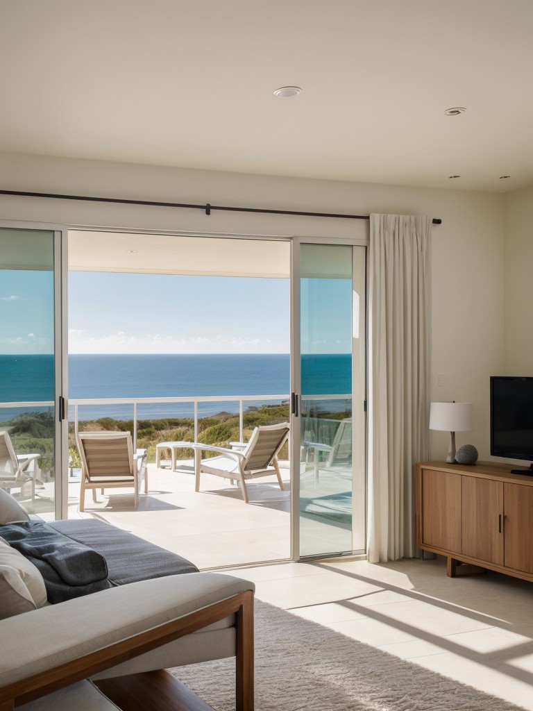 Beachfront getaway with light tones, panoramic windows, and a spacious balcony to soak in the ocean views.