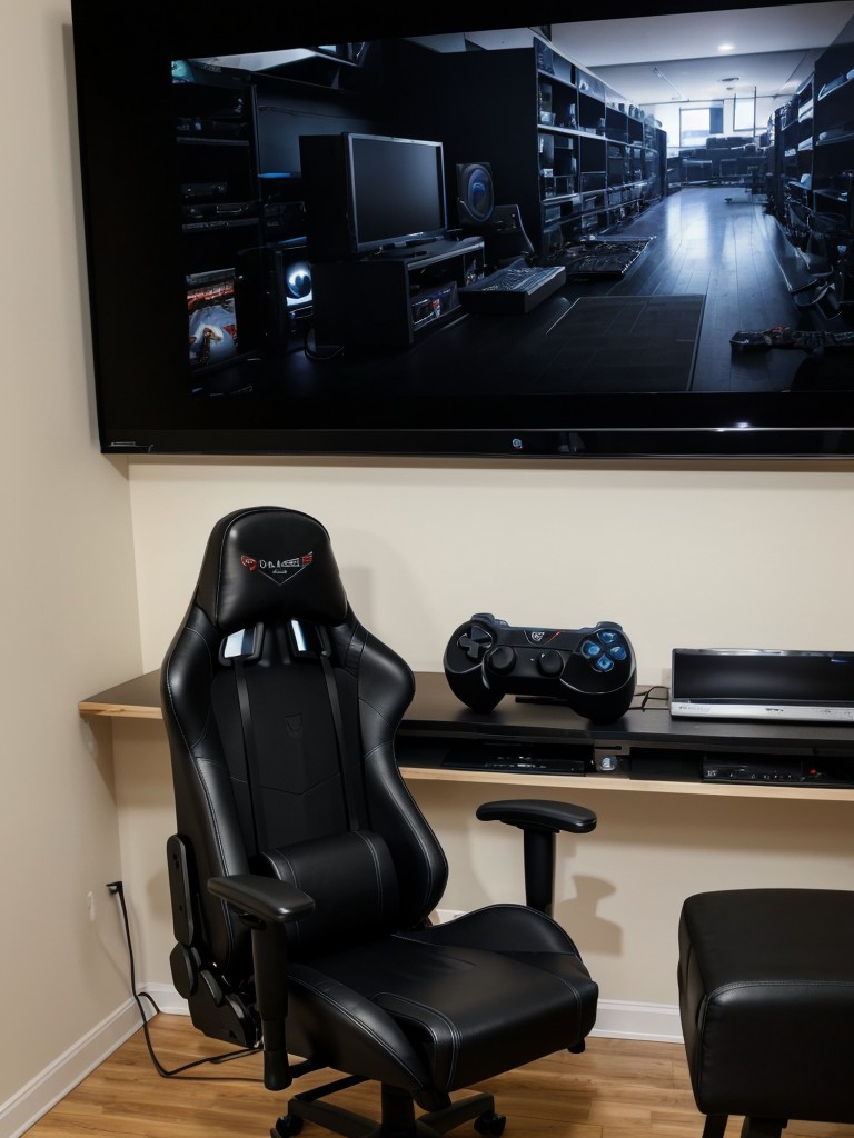 Gamer's paradise with dedicated gaming setup, comfortable gaming chairs, and plenty of storage for equipment.