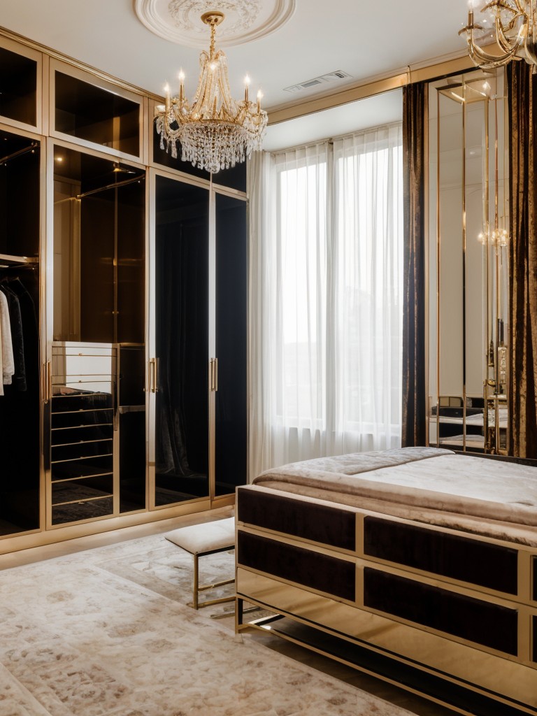 Glamorous bachelor pad with luxurious velvet furniture, statement chandeliers, and a walk-in closet for a stylish wardrobe.