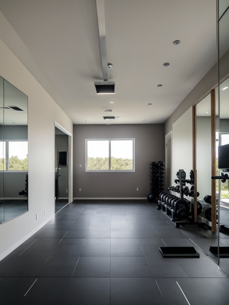 Home gym with state-of-the-art equipment, mirrored walls, and motivational artwork.