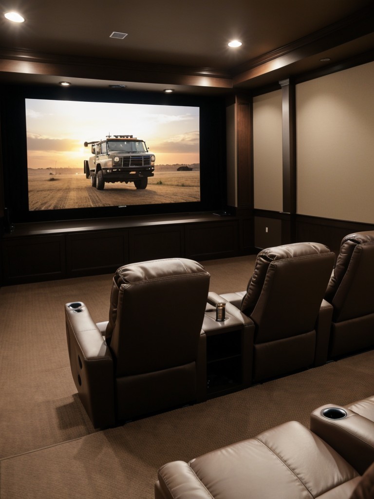 Home theater with a large-screen projector, plush recliners, and surround sound for the ultimate cinematic experience.