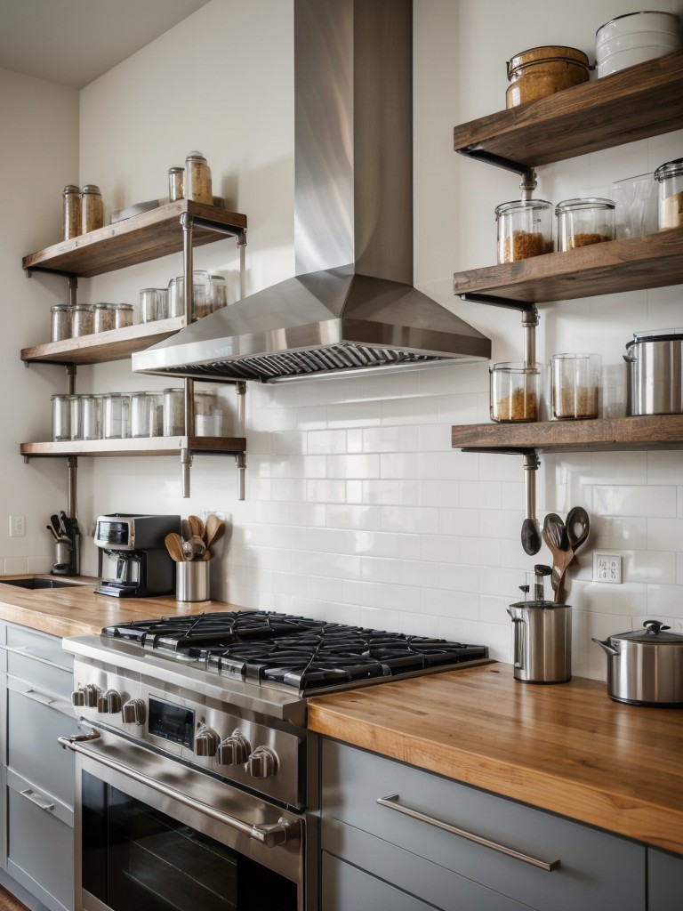 Industrial-chic kitchen with stainless steel appliances, exposed pipes, and open shelves for displaying glassware.