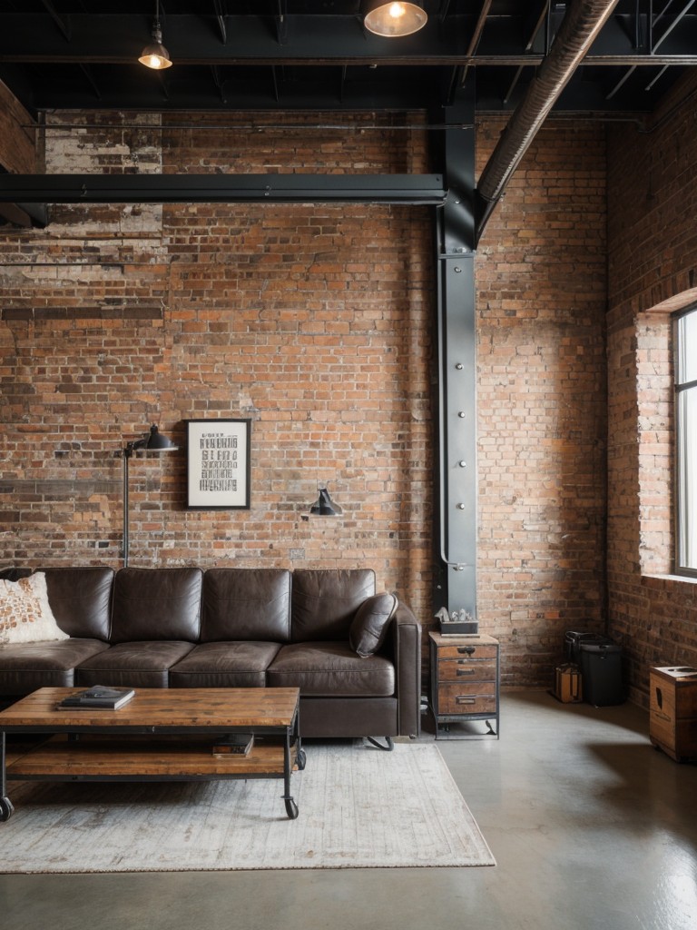 Industrial-inspired loft with exposed brick walls, metal accents, and vintage furniture pieces.