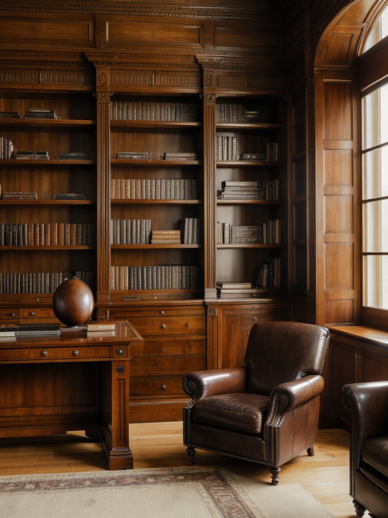 Masculine library and study with leather armchairs, bookshelves, and a classic mahogany desk.