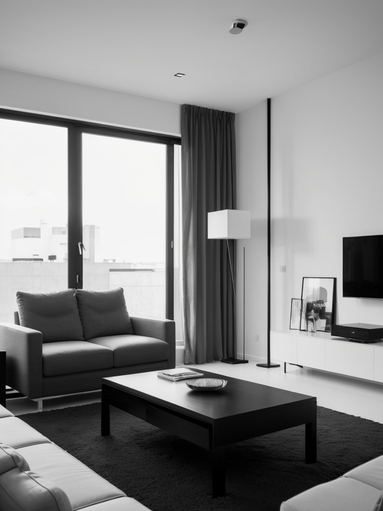 Minimalist bachelor pad with sleek furniture, statement artwork, and a monochromatic color scheme.