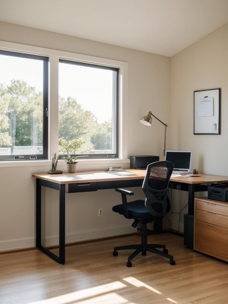 Modern home office with a standing desk, ergonomic chair, and ample natural light for increased productivity.