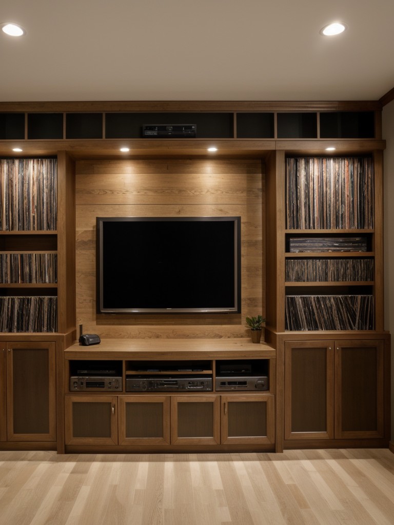 Music lover's sanctuary with a dedicated listening space, vinyl collection display, and soundproofing features.