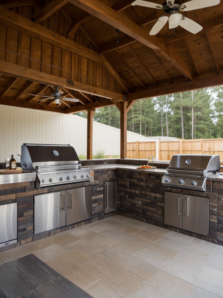 Outdoor living space with a BBQ grill, comfortable seating, and a mini-bar for entertaining guests.