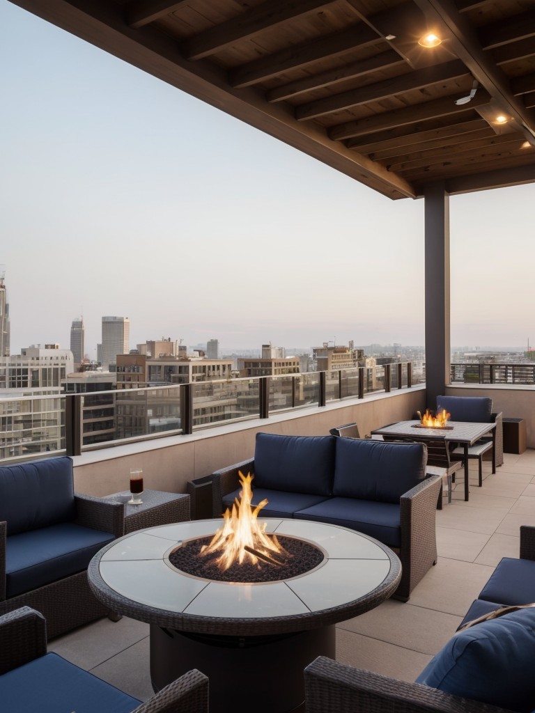 Outdoor rooftop lounge with comfortable seating, a fire pit, and panoramic views of the city.