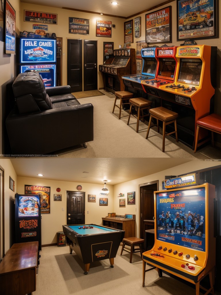 Retro-inspired man cave with vintage arcade games, old-school movie posters, and a cozy seating area.