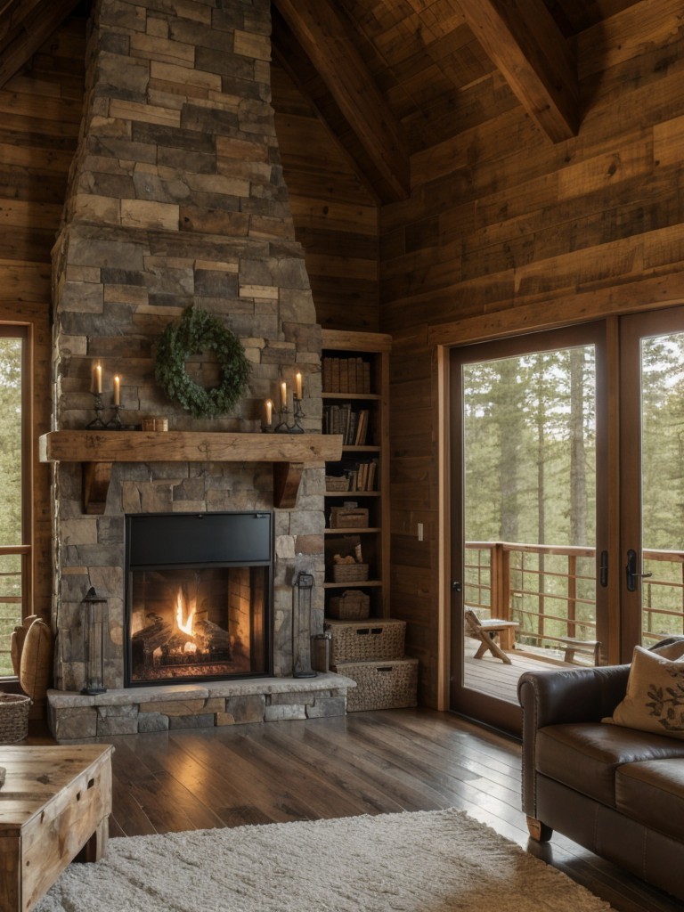 Rustic-inspired retreat with wooden furniture, cozy fireplace, and nature-inspired decor accents.