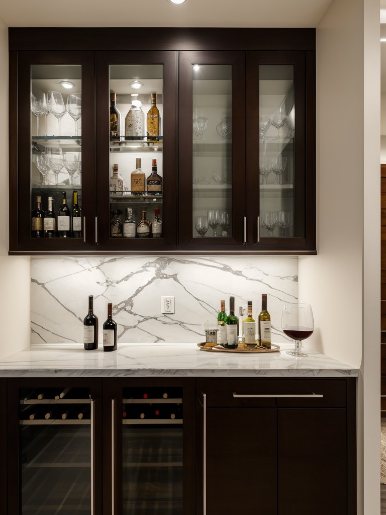 Sleek home bar with a marble countertop, built-in wine cooler, and elegant glassware storage.