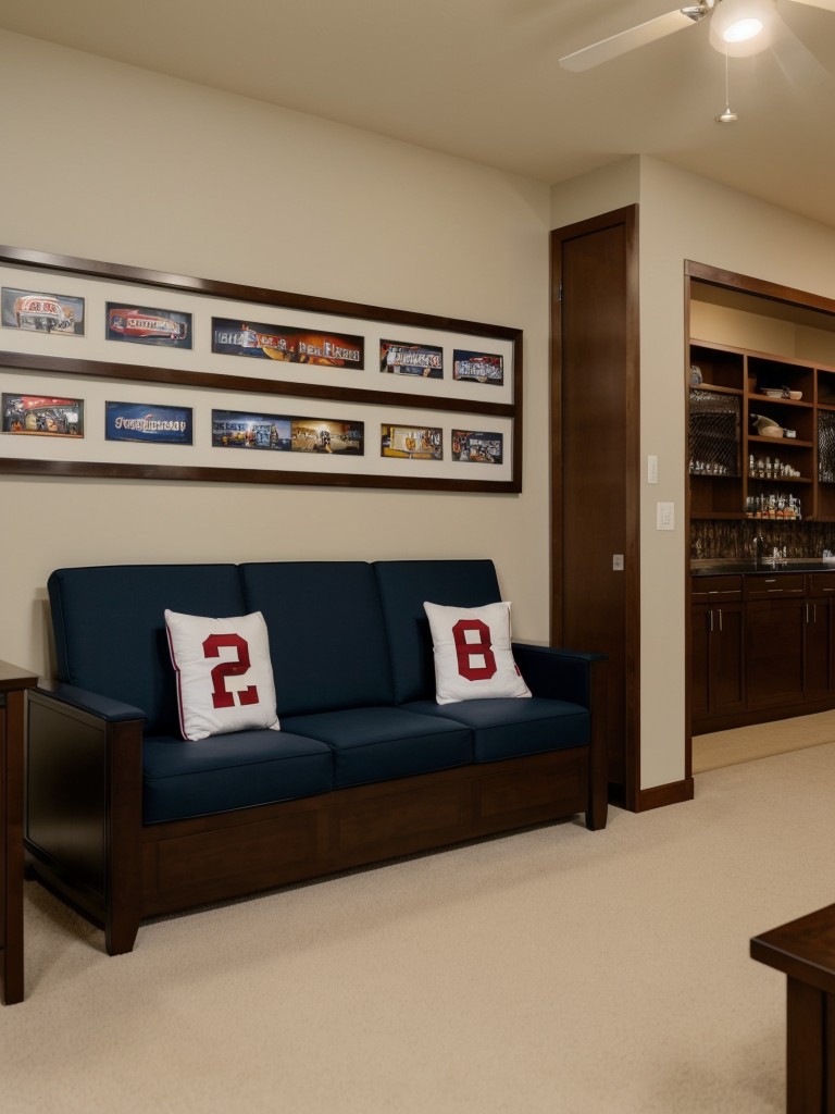 Sports-themed den with framed jerseys, display cases, and comfortable seating for a game night with friends.